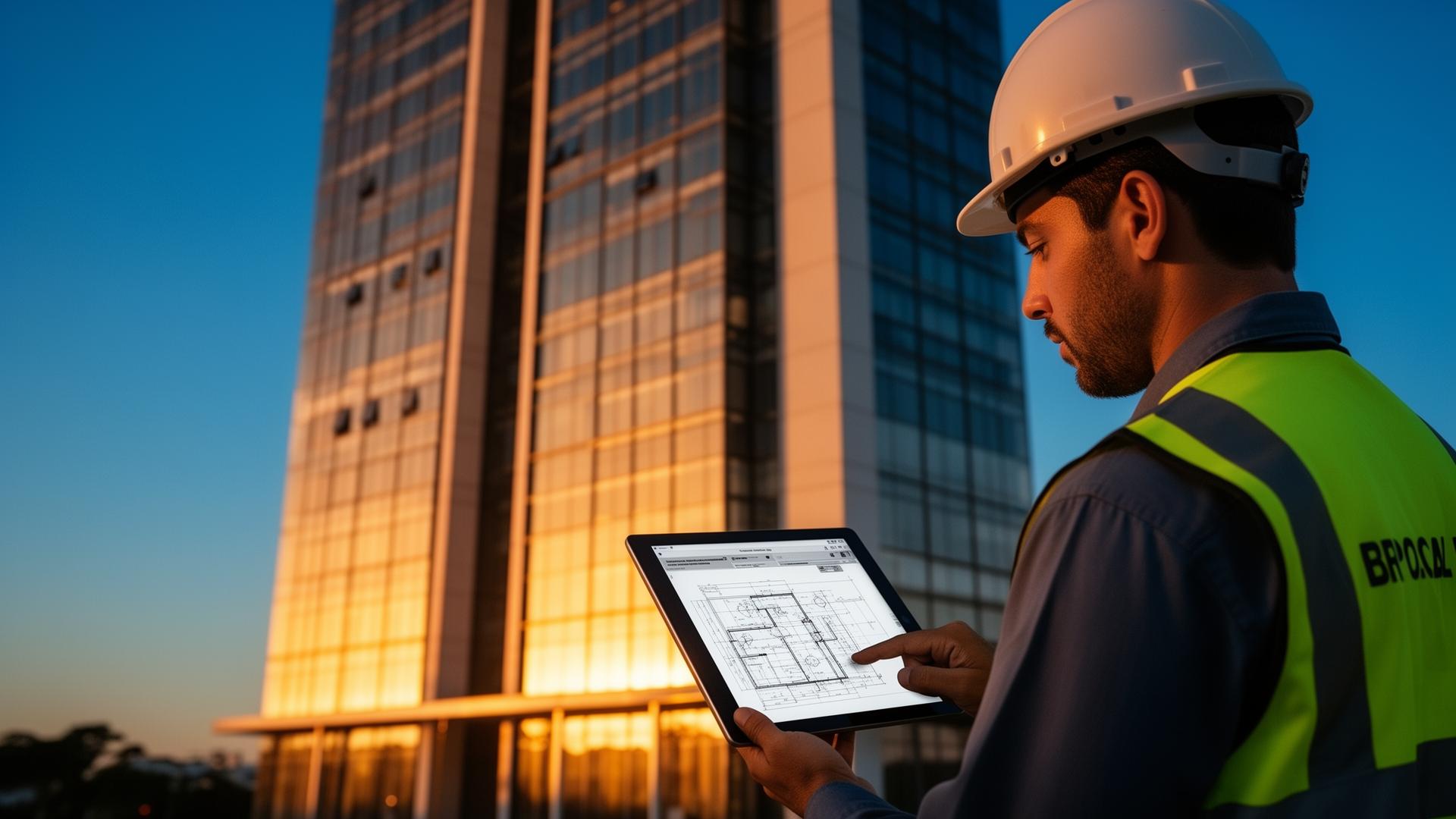 Engenheiro civil em campo revisando projeto técnico em tablet em frente a edifício corporativo ao entardecer